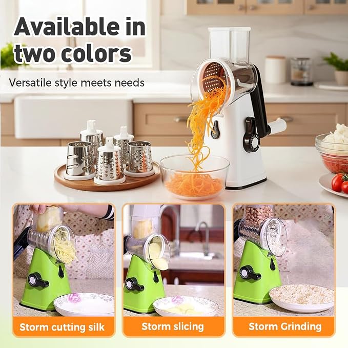 5 In 1 Food Chopper, 2026 New Rotary Cheese Grater - 3 Interchangeable Blades Manual Speed Round Food Slicer, Nut Grinder with Strong Suction Base (White)