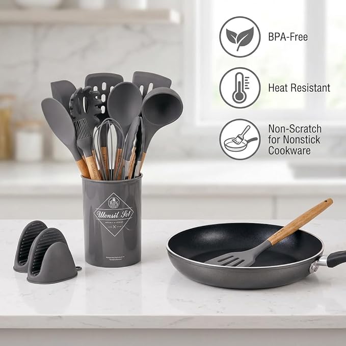 Silicone Cooking Utensils Set, Kitchen Utensils for Cooking with Holder, Wooden Handle Silicone Utensils Spatula Set, Heat Resistant, BPA Free, Non Toxic Kitchen Gadgets, Gray