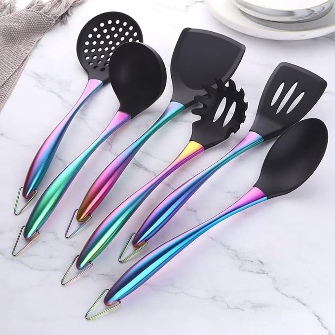Silicone Cooking Utensil Set,6 pcs Silicone Cooking Kitchen Utensils Set,Non-stick Kitchen Cookware Titanium Stainless Steel Handle with Utensil Holder,Spatula Set for Cooking-Rainbow Color