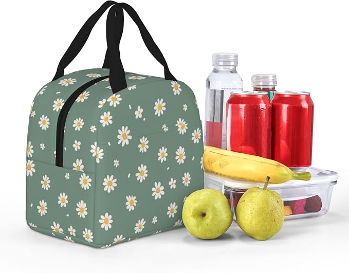 Lunch Bag Daisy Flower Green Insulated Lunch Box Reusable Cooler Tote for Adults Student Girl Boy Work Office School Picnic Over 3 Years Old