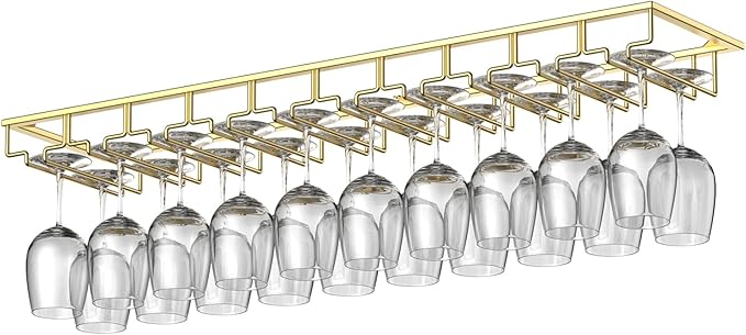 Xverycan Wine Glass Rack Under Cabinet, 10 Row Extreme Large Stemware Hanger, Metal Wine Goblet Holder, DIY Bar Glass Storage Rack for Bar Counter, Kitchen, Screws Included (Gold)