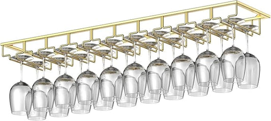 Xverycan Wine Glass Rack Under Cabinet, 10 Row Extreme Large Stemware Hanger, Metal Wine Goblet Holder, DIY Bar Glass Storage Rack for Bar Counter, Kitchen, Screws Included (Gold)