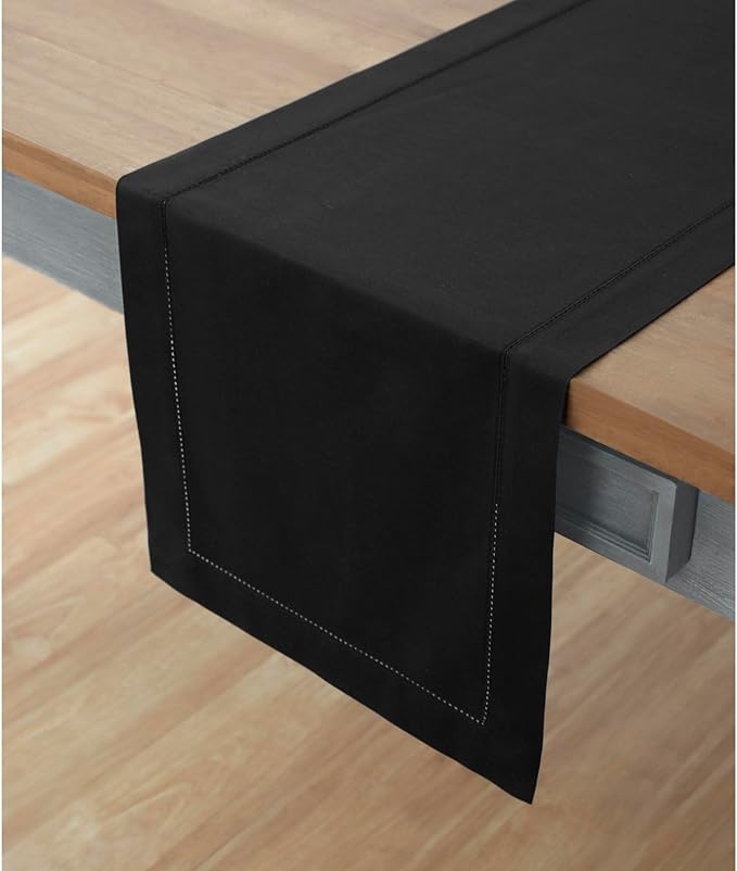 Solino Home Black Table Runner 48 Inches - Cotton Linen Hemstitch Coffee Table Runner 14 x 48 Inch Ideal for Dresser Tables - Spring, Summer