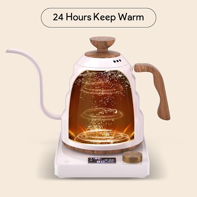 Electric Gooseneck Kettle, 30oz/0.9L Intelligent Temperature Control, Quick Heating, 304 Stainless Steel for Pour Over Coffee, Brew Tea, Boil Hot Water, 1000W （White）