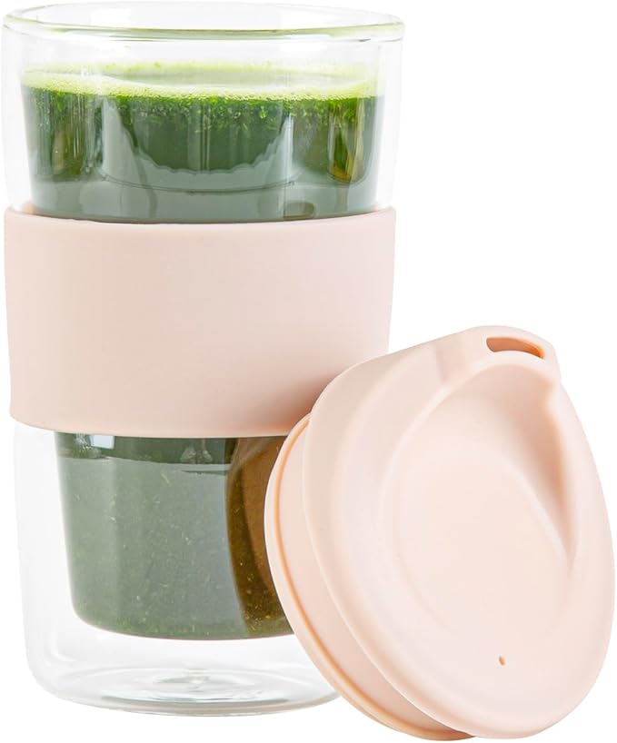 Restaurantware Glass Travel Mug 1 Count 12 Ounce Double Wall Borosilicate Reusable Coffee Cup, Spill-Resistant Tan Silicone Lid, Clear Drinkware Mug for Hot and Cold Beverages