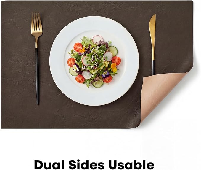 Artoid Mode Coffee Faux Leather Placemats Set of 4, 12x18 Inch Waterproof Wipeable Heat Resistant Vinyl Place Mats, Reversible Table Mats for Kitchen Dining Decor