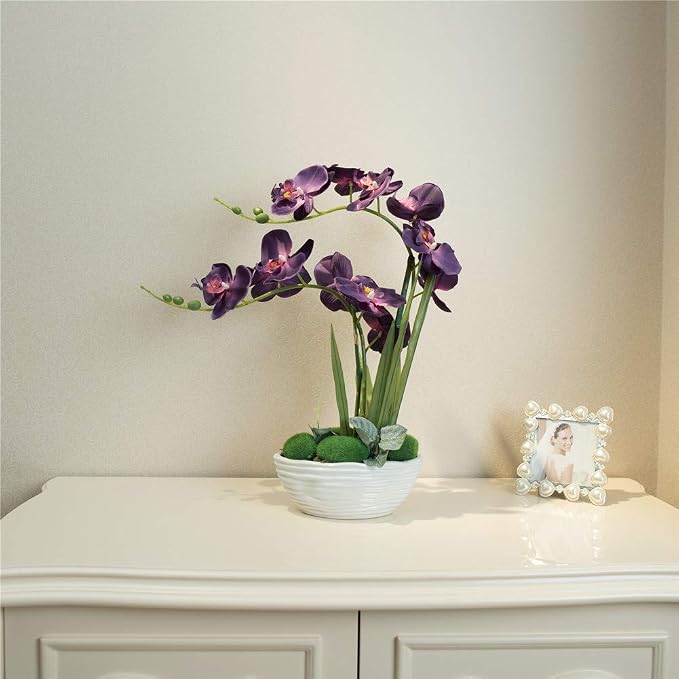 Large Artificial Potted Orchid Plant, Silk Flower Arrangement with Ceramics Vase, Dark Purple