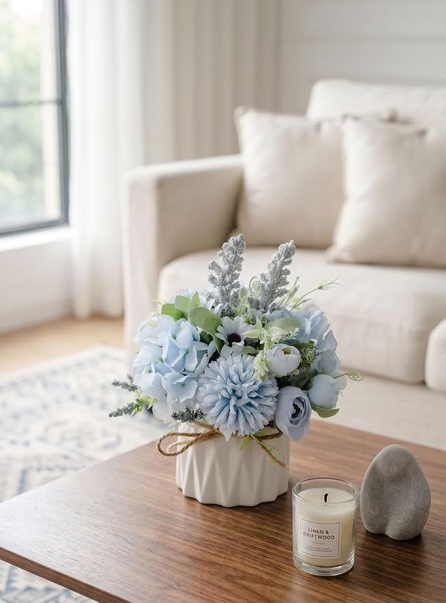 TKAS Artificial Faux Silk Fake Flowers Arrangement, Small Realistic Roses & Hydrangea in Ceramic Vase, Dining Table Centerpiece for Wedding Party Home Decoration (Blue)