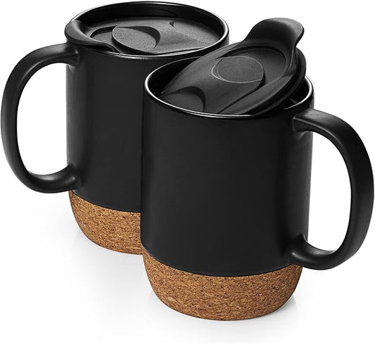 DOWAN Coffee Mugs Set of 2, 15 OZ Coffee Cup with Cork Bottom and Splash Proof Lid, Ceramic Mug Set with Large Handle for Men, Women, for Coffee Tea Latte, Matte Black