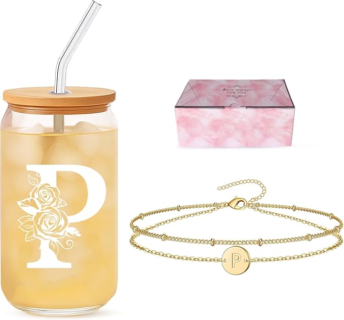Friendship Gifts for Women, Initial Glass Cup and Bracelet Gift Set, Personalized Ready to Gift Letter Keepsake for Birthday and Just Because
