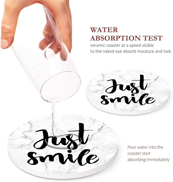 Britimes Coaster for Drinks Set of 6, Marble What You Love Inspirational Absorbent Round Ceramic Stone Mat, with Cork Base and Metal Holder, Gift for Housewarming Room Bar Decor
