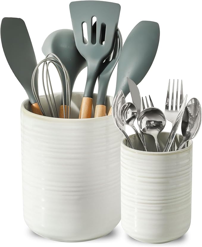 HASENSE Cooking Utensil Holder, 7.4"+5.5" Ceramic Kitchen Utensil Holder for Counter, Rustic Utensil Oganizer Crocks for Spatula, Ice Bucket Gift for Dad, Set of 2, Clay-Infused White