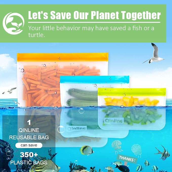 Qinline Reusable Food Storage Bags - 24 Pack Freezer Extra Thick Leakproof Lunch Bag - 8 Gallon 8 Sandwich 8 Snack Bags