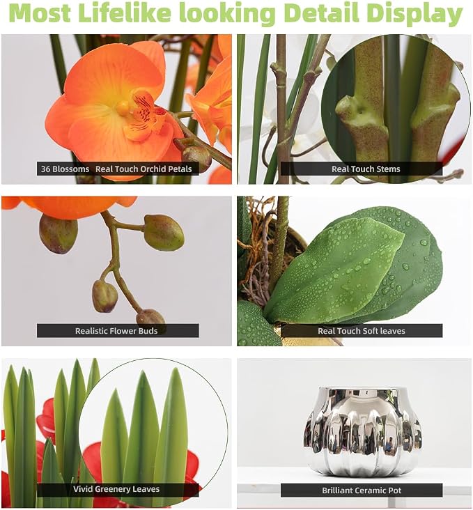 CXGS Artificial Orchid Flower Real Touch Faux Orchids in Ceramic Vase Large 22.9'' Fake Flowers Orange Phalaenopsis Floral for Home Indoor Decor
