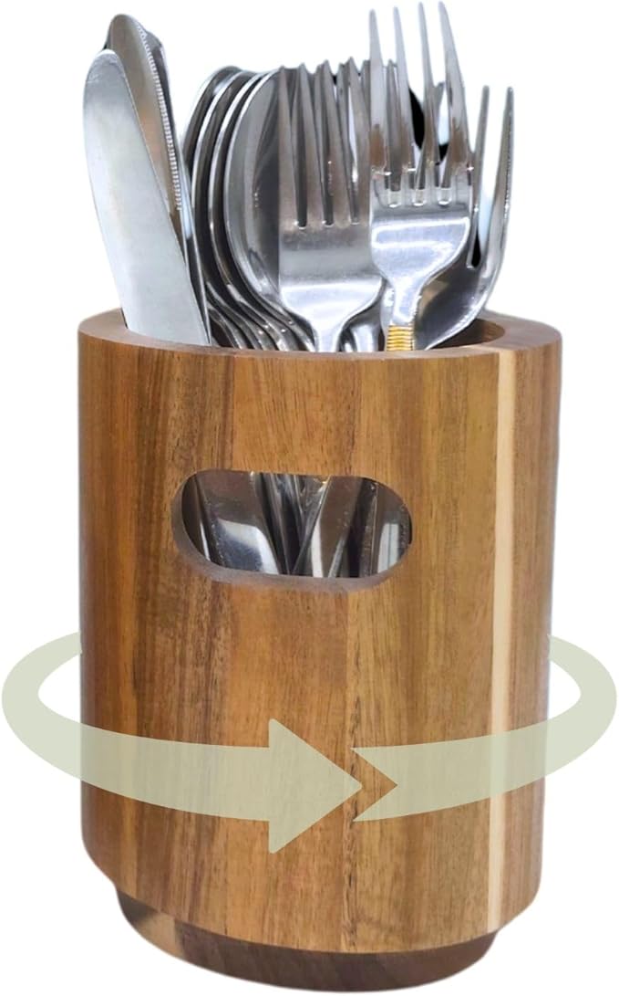Acacia Wooden Utensil Holder | Kitchen Utensils Holder & Organizer for Countertop | Rustic Farmhouse Style Utensil Pot (Small 11×14.5cm)