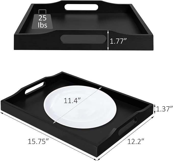 RRX Bamboo Food Serving Tray with Handles,Breakfast Bed Tray (Black) | Wood Tray for Tea, Snack, Dinner, Home Decorative Storage Food, Platter, Ottoman for Kitchen Counter, Bathroom, Restaurant