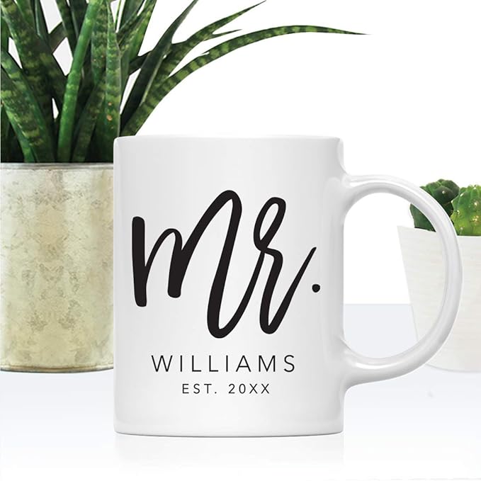 Andaz Press Personalized Name 11oz. Ceramic Ceramic Valentines Day Coffee Mugs Wedding Anniversary Couples Gift Set, Mr. Mr. Williams Est. 2026, Script Style, 2-Pack, Custom Names, Long Distance Gift