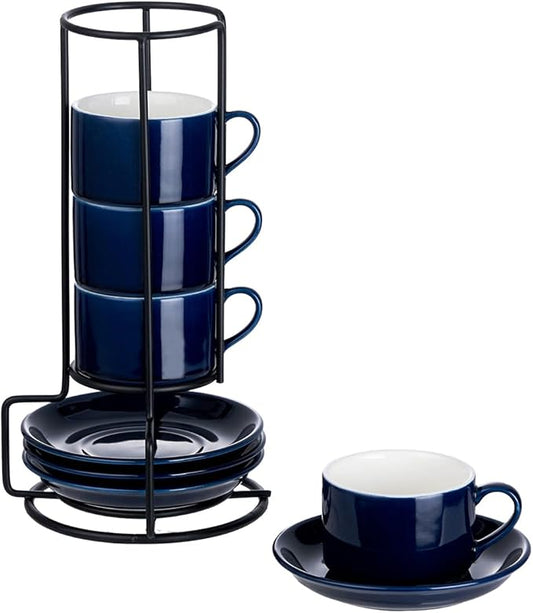 2.5oz Espresso Cups Set of 4, Porcelain Stackable Espresso Cups with Saucers and Metal Stand Set, Blue Expresso Shots Cup Set