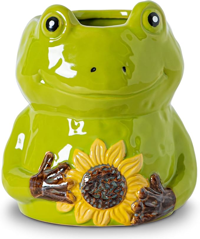 dgudgu Frog Shaped Cermaic Utensil Holder For Kitchen Counter Ceramc Utensil Crock Countertip Large Size Green Frog Embracing Sunflower Decorative Design Kitchen Canister Decor