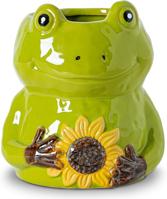dgudgu Frog Shaped Cermaic Utensil Holder For Kitchen Counter Ceramc Utensil Crock Countertip Large Size Green Frog Embracing Sunflower Decorative Design Kitchen Canister Decor