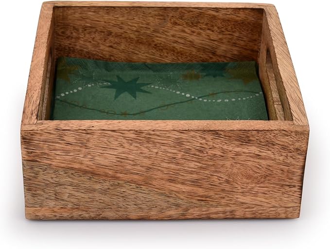 Samhita Square Burning Finish Mango Wood Napkin Holder For Restaurant Decor Kitchen Bar Accessories (7.5"x 7.5"x 2.75")