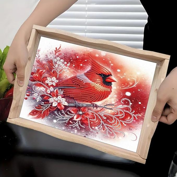 DIY Diamond Serving Tray Diamond Art Painting Creative Design Handmade Wooden Tray Dinner Plate for Coffee Breakfast Home Organizer-Cardinal