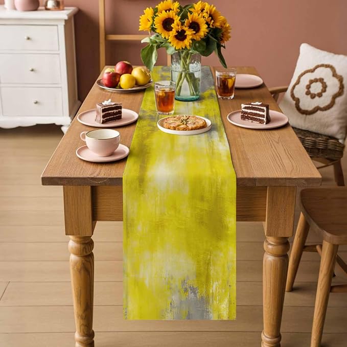 Vintage Yellow Short Table Runners 48 Inches, Cotton Linen Fabric Table Runner Dresser Scarf, Abstract Minimalist Painting Art Watercolor Tablerunner for Party/Kitchen/Dinner/Wedding Decor 13"x48"
