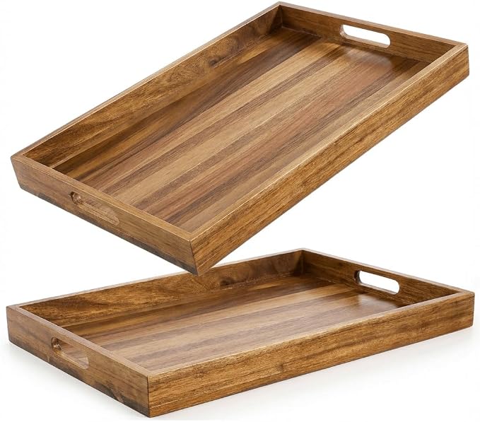 YOUEON 2 Pack 17 x 12 Inch Acacia Wood Serving Tray with Handles, Large Wooden Tray for Ottoman, Breakfast in Bed, Dinner, Coffee Table, Perfect for Living Room, Bedroom & Kitchen