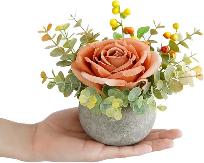 Small Artificial Orange Rose Potted Plant, 6" Fake Silk Flowers in 3.5" Round Pot, Mini Faux Floral Arrangement for Desk Shelf Bathroom Decor