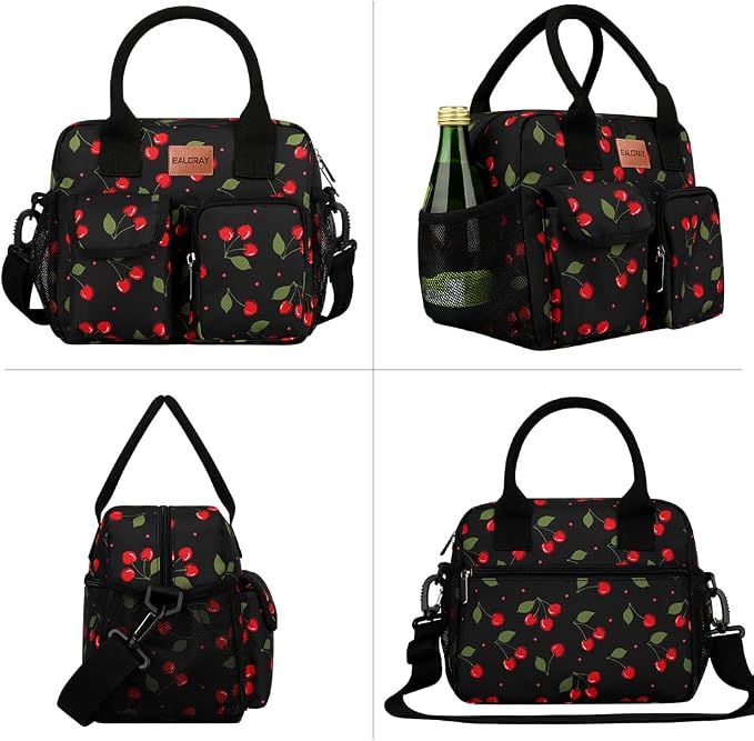 BALORAY Lunch Bag for Women Men Insulated Lunch Box for Adult Reusable Lunch Tote Bag for Work, Picnic or Travel (Cherry with strap,L)