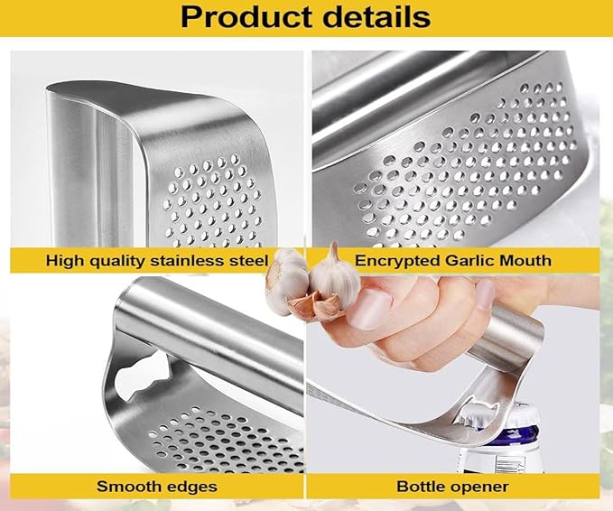 Garlic Presses,Stainless Steel Garlic Presser, Garlic Press Rocker Heavy Duty Stainless Steel Garlic Mincer, Garlic Chopper with Peeler And Cleaning Brush for Smash Garlic Kitchen Tools(1Set)