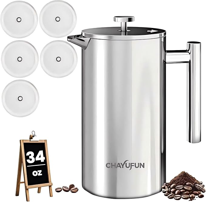 Stainless Steel French Press Coffee Maker, 34oz/1L, 5 Pack Filter | 304 Rust-Proof Metal Press, Thermal Insulated, Heat-Resistant Ergonomic Handle, BPA Free, Dishwasher Safe