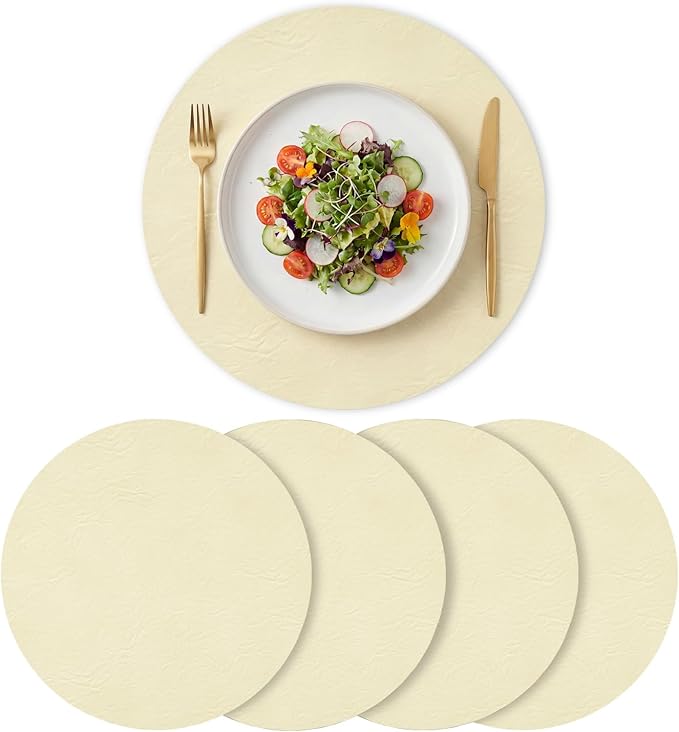 Artoid Mode Beige Faux Leather Placemats Set of 4, 15 Inch Waterproof Wipeable Heat Resistant Vinyl Place Mats, Reversible Table Mats for Kitchen Dining Decor
