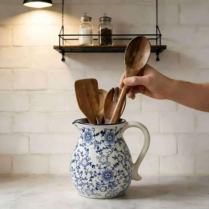 Farmhouse Ceramic Utensil Holder, 6.1" Modern Rustic Cooking Utensil Holder for Kitchen Counter Decor with Handle, Vintage Ceramic Utensil Organizer for Home Kitchen Countertop(Blue white)