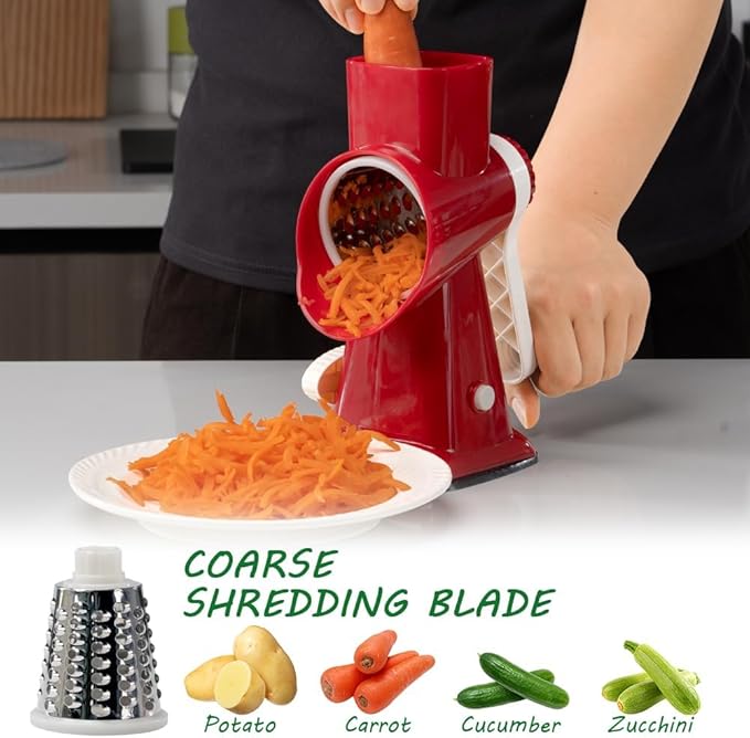 3 in 1 Manual Vegetable Cutter Machine with Stainless Steel Changeable Blades Rotary Cheese Grater Kitchen Tool Potato Slicer Shredder Nuts Chocolate Chopper (Red white)