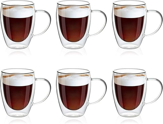 MEWAY 12oz/6 pack Coffee Mugs,Clear Glass Double Wall Cup with handle for Coffee, Tea, Latte, Cappuccino (12 oz，6)