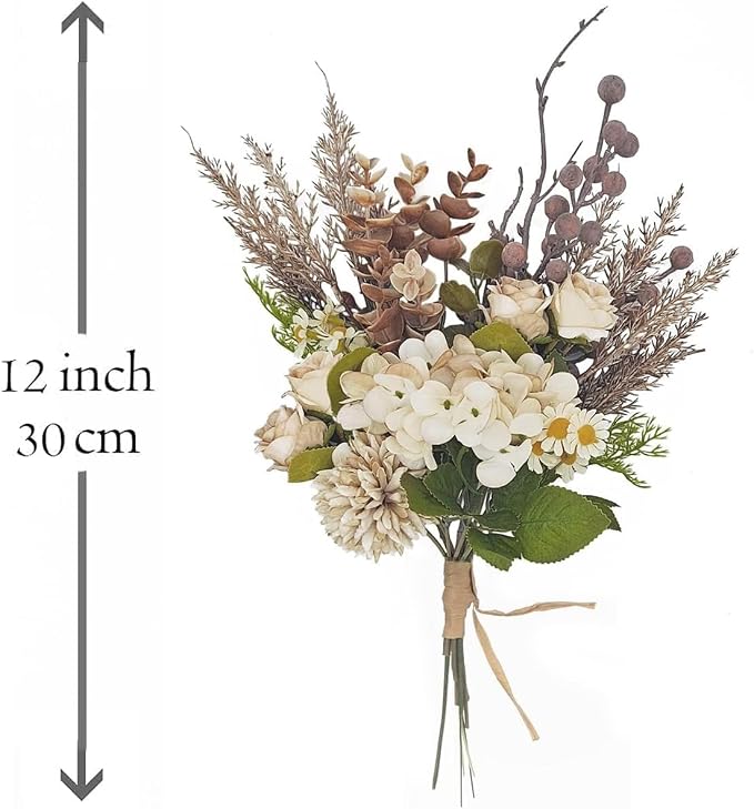 12-inch Small Fake Silk Flowers Fall Bouquet Faux Centerpieces with Roses, Dandelions, Hydrangea, Daisies, Hollyberries - Realistic Artificial Floral Arrangements for Home Kitchen Decor