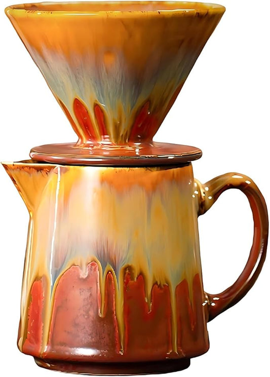 Ceramic Pour Over Coffee Dripper Vintage, Pour Over Coffee Maker Set, Filter Cup, Coffee Brewer Cone Filter, V60 Dripper & Decanter set, for Home Café Restaurant, 1-2 Cup (Gradient Red)