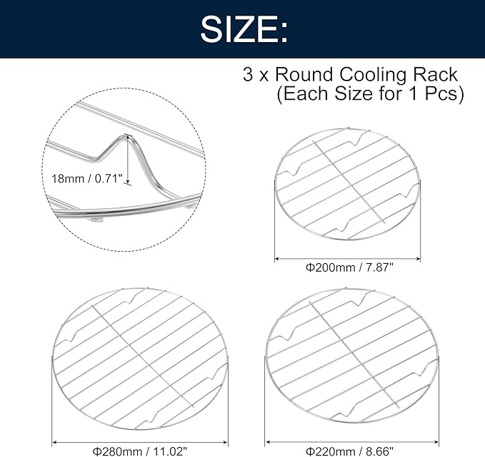uxcell 3Pcs 7-7/8",8-11/16",11" Round Cooling Rack, Roasting Baking Steaming Cooling Rack, Stainless Steel Cooking Grid Grill for Oven, Air Fryer, Silver