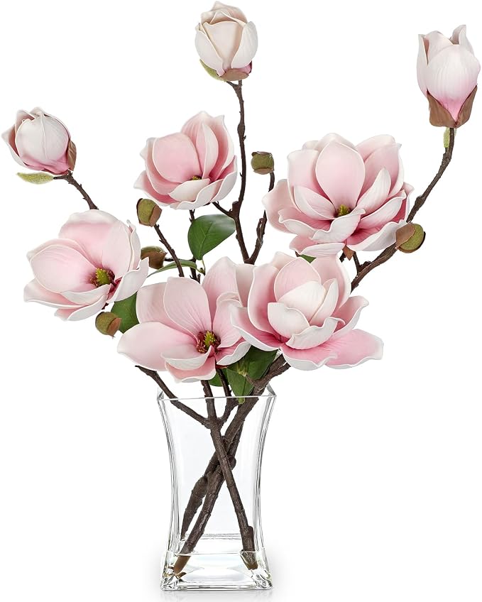 Briful Artificial Magnolia Flower Arrangement with Glass Vase, 18.5in Pink Faux Magnolia Flowers Fake Floral Centerpiece for Eleglant Home Office Room Table Shelf Décor