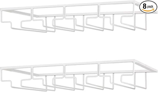 FOMANSH Wine Glass Rack - Under Cabinet Stemware Wine Glass Holder Glasses Storage Hanger 2 Pack Metal Organizer for Bar Kitchen 4 Rows White