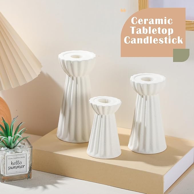 Honeydak Set of 3 Ceramic Taper Candle Holder Cream White Candlestick Holder Fluted Candle Stick Stand Boho Nordic Modern Decorative Table Centerpiece Wedding Home Dinner Party Housewarming Gift