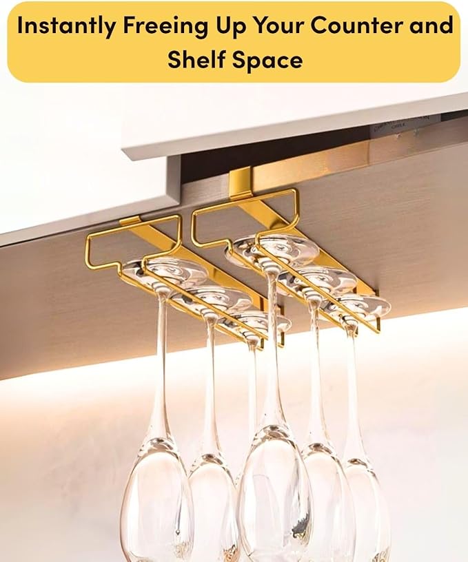 LINFIDITE Gold Under Cabinet Wine Glass Holder, 2 Pack, Space Saving, Easy Installation, Anti-Skid, Compact Design, Sturdy Materials, Affordable Gift