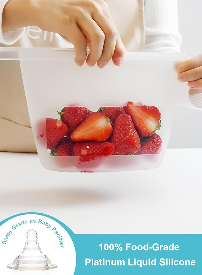 Reusable Silicone Food Storage Bags (Set of 4), Dishwasher Oven Microwave Freezer Safe, Eco-Friendly Leakproof Sous Vide Bags, Premium Lunch Containers, 1 Snack 2 Sandwich 1 Half Gallon, Clear