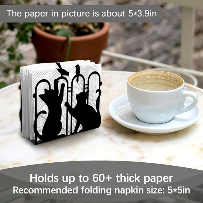 Cat Playing Decorative Black Metal Napkin Holder for Table, 4.9" x 4.7" x 1.9" Cute Kitty Animal Standing Napkin Holder for Home Kitchen Restaurant Picnic Party Coffee Bar Dining Room