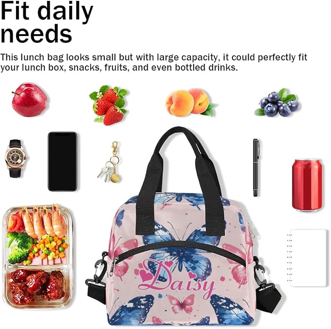 Personalized Butterfly Lunch-Bag for Women, Custom Insulated Cooler Lunch Box with Name, Leakproof-Reusable Lunch Tote Bag for Work Office Picnic - Pink Blue 2