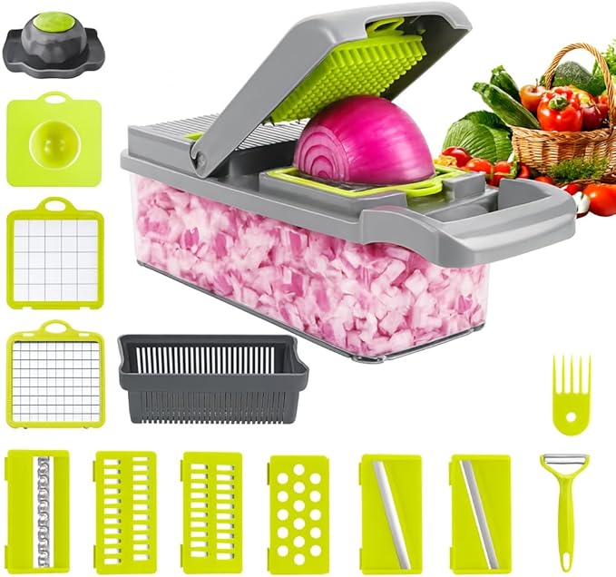 16-in-1 Vegetable Cutter Slicer – Multifunctional Vegetable Chopper with Stainless Steel Blades, Manual Onion Cutter, Food Slicer & Dicer for Kitchen, Salad Maker.