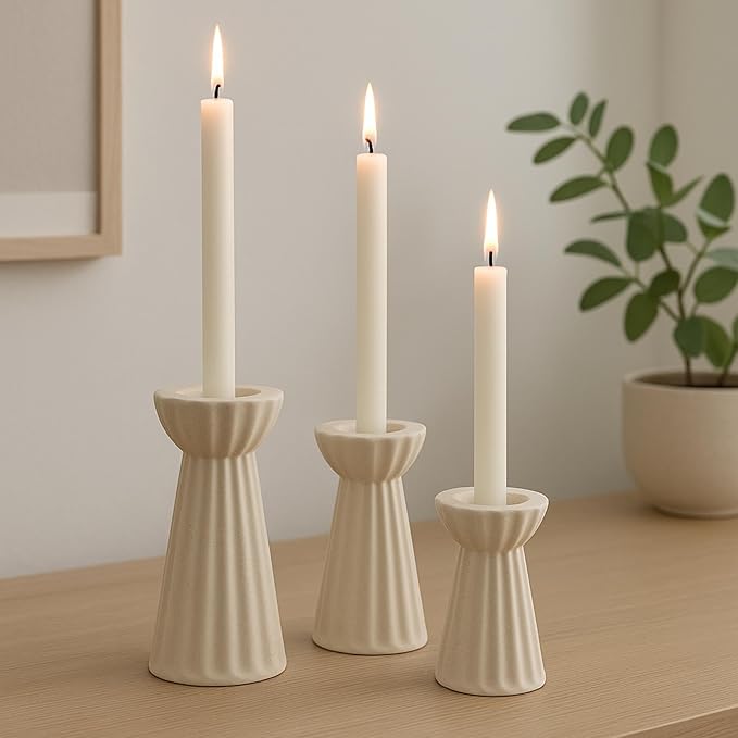 Honeydak Set of 3 Ceramic Taper Candle Holder Cream White Candlestick Holder Fluted Candle Stick Stand Boho Nordic Modern Decorative Table Centerpiece Wedding Home Dinner Party Housewarming Gift