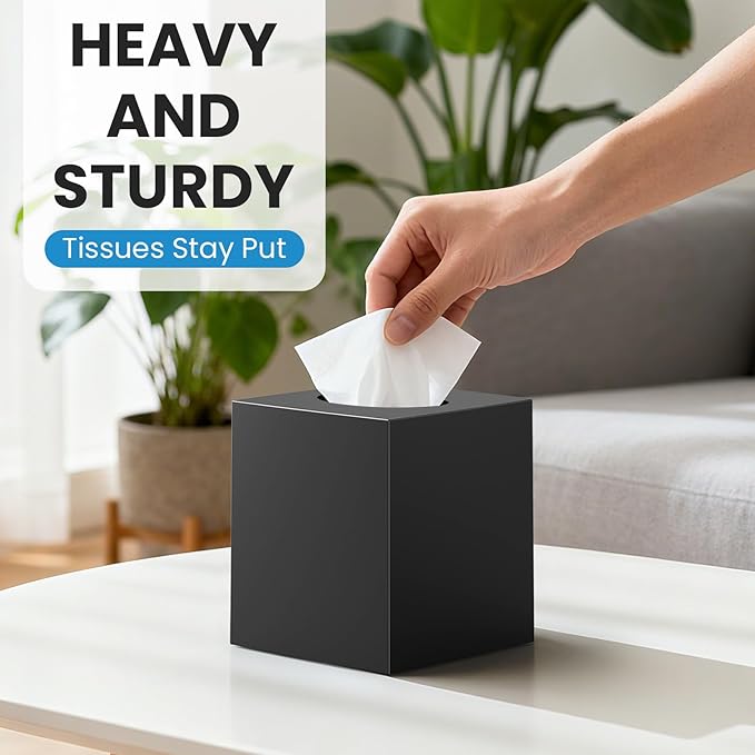 2 Pack Tissue Box Cover Black, Square Acrylic Tissue Holder, Decorative Facial Tissue Box Vessel Cube Paper Organizer Dispenser for Bathroom Office, Night Stand, Desk, Car, Vanity, Countertops