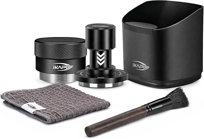 IKAPE Espresso Impact Tamper & Gravity Distributor Set 58.35mm – Complete Barista Kit with Knock Box, Cleaning Brush & Towel – Professional Coffee Accessories for Home Espresso